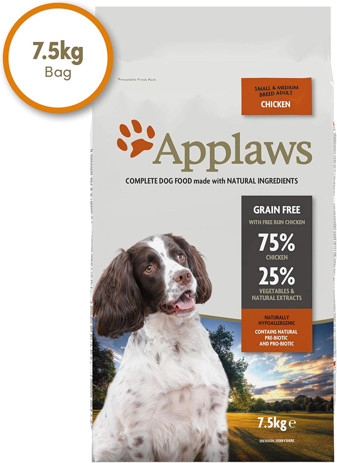 Applaws High Protein Complete and Grain Free Dry Dog Food 7.5 kg for Adult Medium and Small Dog Breeds Chicken (Pack of 1)