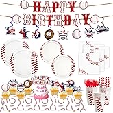 163pcs Baseball Themed Birthday Party Supplies Including Banner,Plates,Napkins,Forks Tablecloth Cake Toppers Complete Disposable Tableware Set for Sport Themed Party Serve 24 Guests
