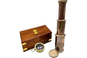 5MOONSUN5 Nautical Brass Spyglass Telescope with Wooden Box, Pirate Collapsible Monocular Decorative Telescope with Glass Optics for Gift (Antique Finish)