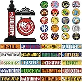 RattanView 41 Pcs Interchangeable Seasonal Decor Mini Standing Sign Farmhouse Convertible Seasonal Wood Welcome Sign for Halloween Thanksgiving Christmas Holiday Table Decor(Black)