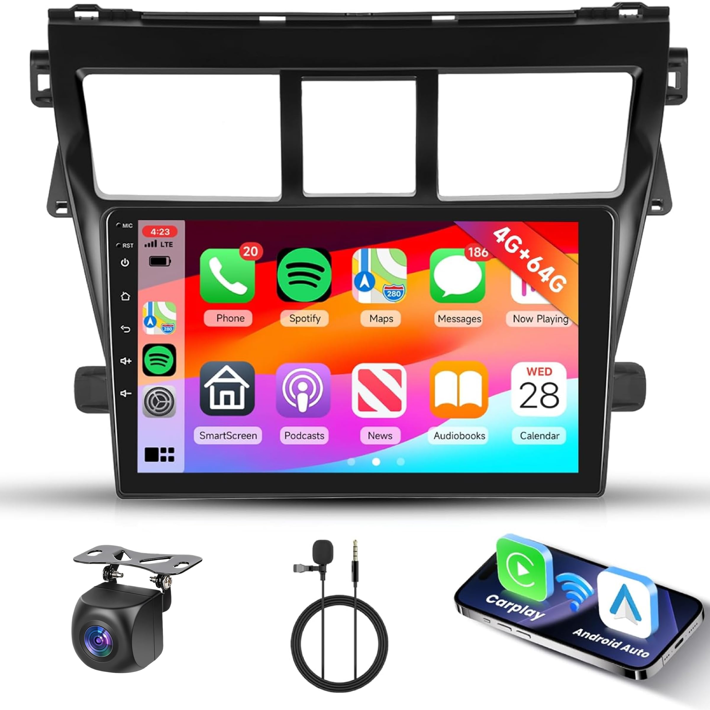 Photo 1 of [4G+64G] Android Car Stereo for Toyota Vios Yaris 2007-2014 Radio with Wireless Carplay Android Auto Radio, Hodozzy 9 inch Touch Screen with GPS, Mirror Link, Bluetooth, WiFi, DSP, FM/RDS Radio