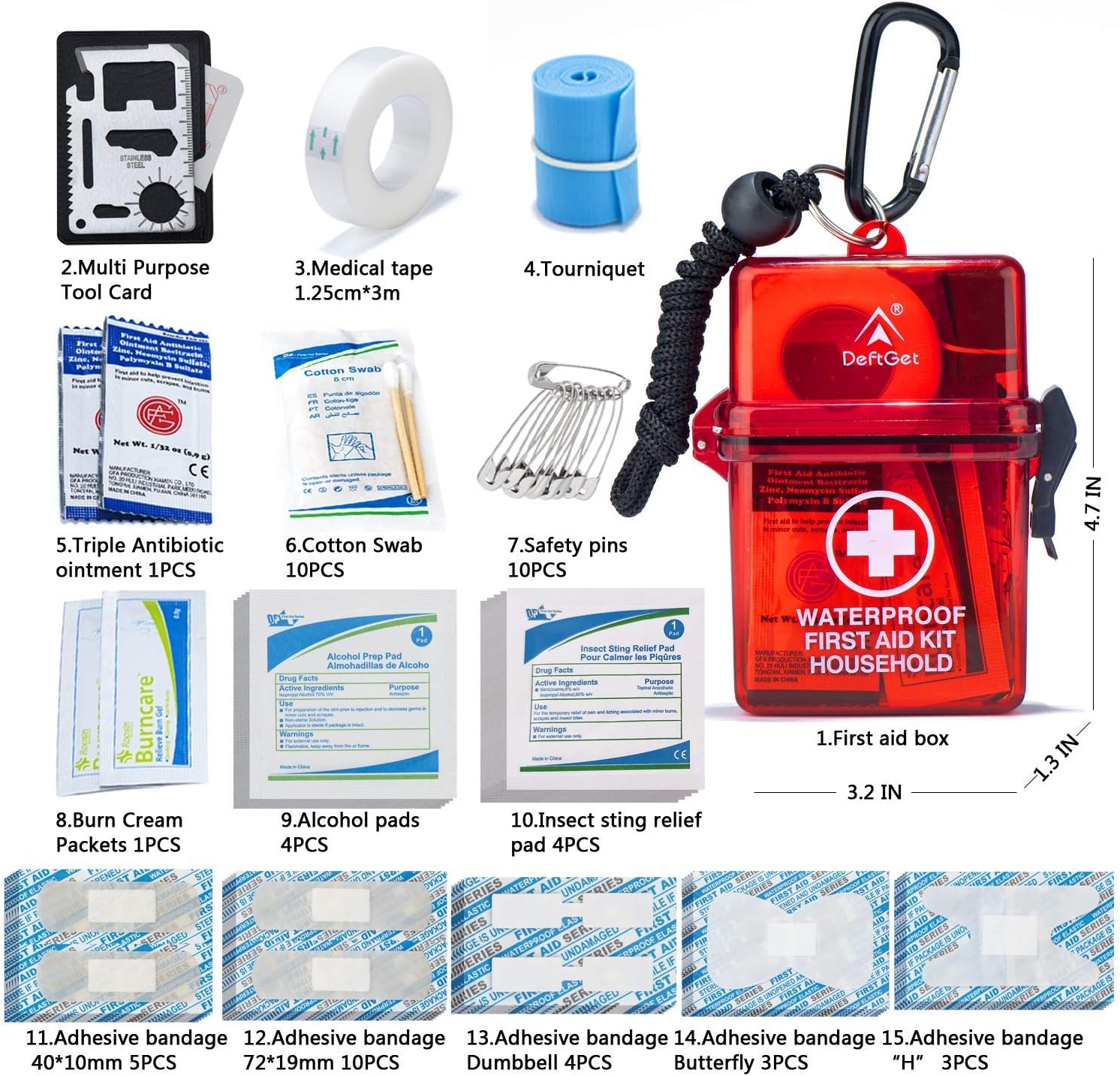 DEFTGET Waterproof First Aid Kit with Mini, Durable, Lightweight Construction, Bandages for Minor Injuries While Camping, Hiking and Outdoor Survival (Dark-red): Health & Personal Care