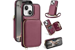 SkyEagle Compatible with iPhone 15 Plus Wallet Case for Women【RFID Blocking】 Crossbody Phone Case PU Leather Zipper Handbag Wrist Strap Cover Credit Card Holder,for Apple 15 Plus,Wine Red