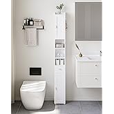 HEXCELEN Bathroom Storage Cabinet, Narrow Tall Bathroom Cabinet, Freestanding Floor Cabinets with 2 Doors and 1 Drawer, Toilets Organizer with Adjustable Shelf, 1 Hook for Small Spaces, White