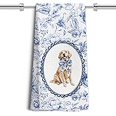 LUKIPOM Chinoiserie Golden Retriever Gifts Kitchen Towels, Blue and White Floral Golden Retriever Decorative Dish Towels, Grandmillennial Botanical Dog Hand Towels for Kitchen Bathroom, 16x24 Inch