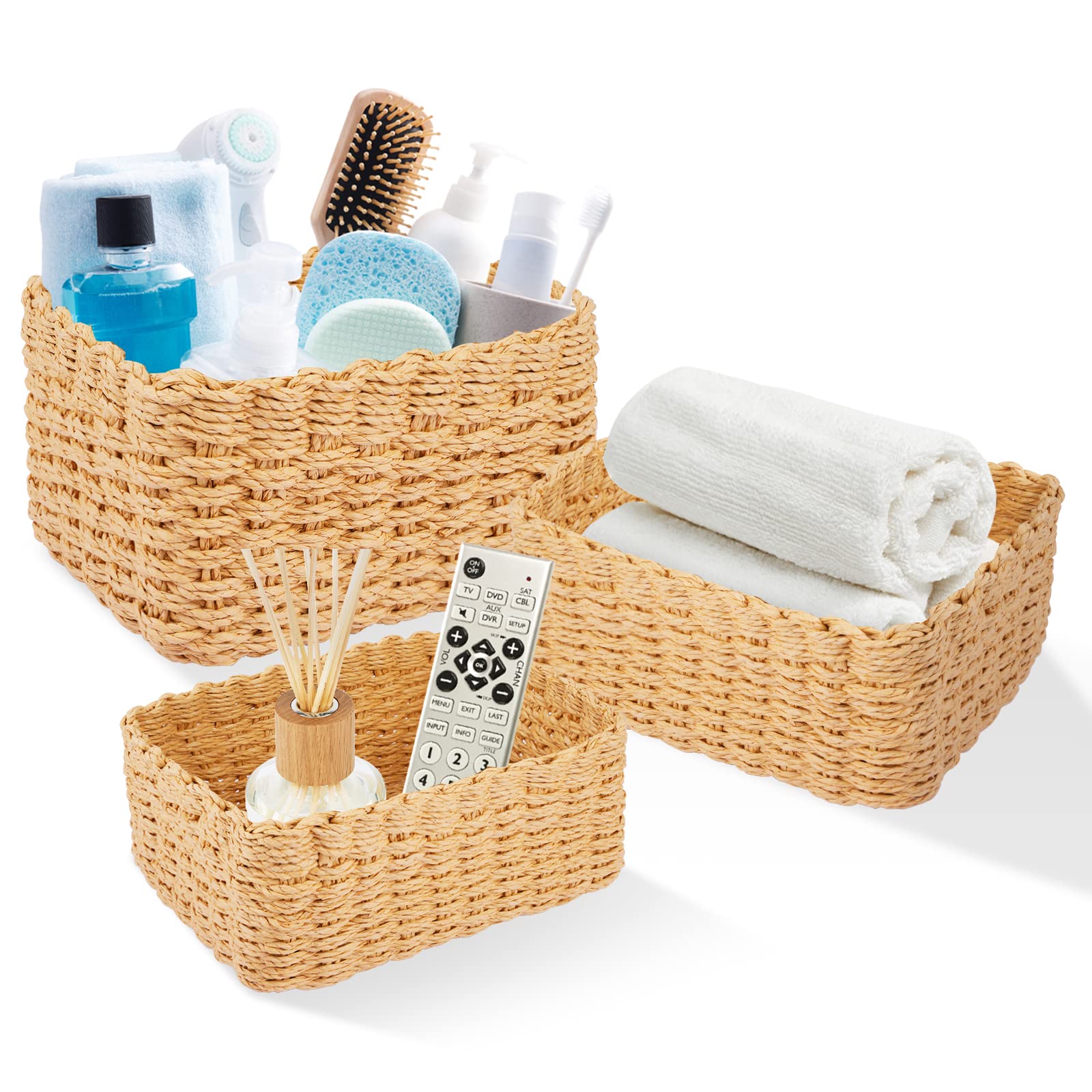 Happy Fox Wicker Bathroom Basket, 3 Piece Storage Laundry Basket, Woven Storage for Dressing Table Organization, Home Decor