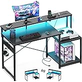AODK Computer Desk, 48 Inch Gaming Desk with Led Lights & Power Outlet, Office Desk with Storage Shelves, Reversible Desk with Monitor Shelf & Headphone Hook, Carbon Fiber Black