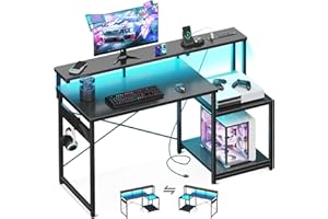 AODK Computer Desk, 48 Inch Gaming Desk with Led Lights & Power Outlet, Office Desk with Storage Shelves, Reversible Desk with Monitor Shelf & Headphone Hook, Carbon Fiber Black