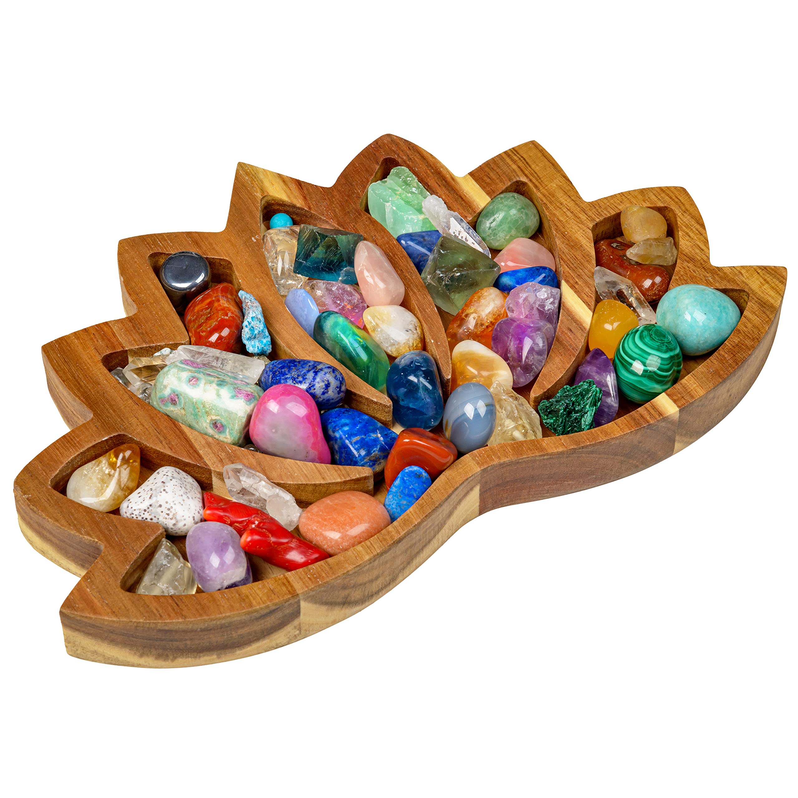 Curawood Lotus Crystal Display Tray - Showcase Your Gems, Healing Stones & Treasures - 28x18cm Wooden Rock Bowl, Crystal Holder for Stones Display Shelf, Gemstone Rock Holder Charging Bowl (Horizon)
