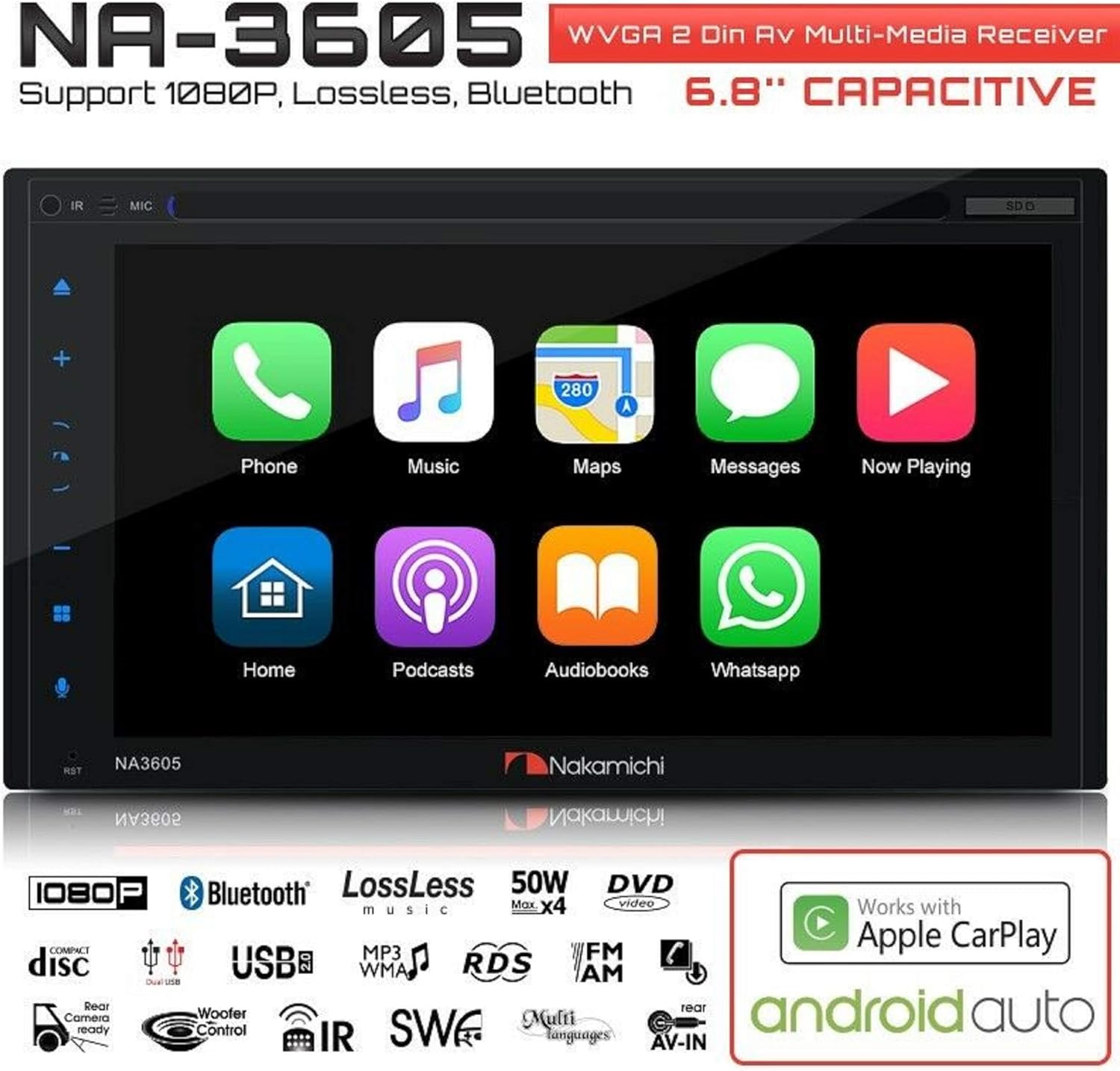 NAKAMICHI NA3605 Double-Din In-Dash 6.8" WVGA Display Apple Car Play & Andriod Auto Multimedia CD DVD USB MP3 Bluetooth Spotify & Pandora Car Stereo Receiver