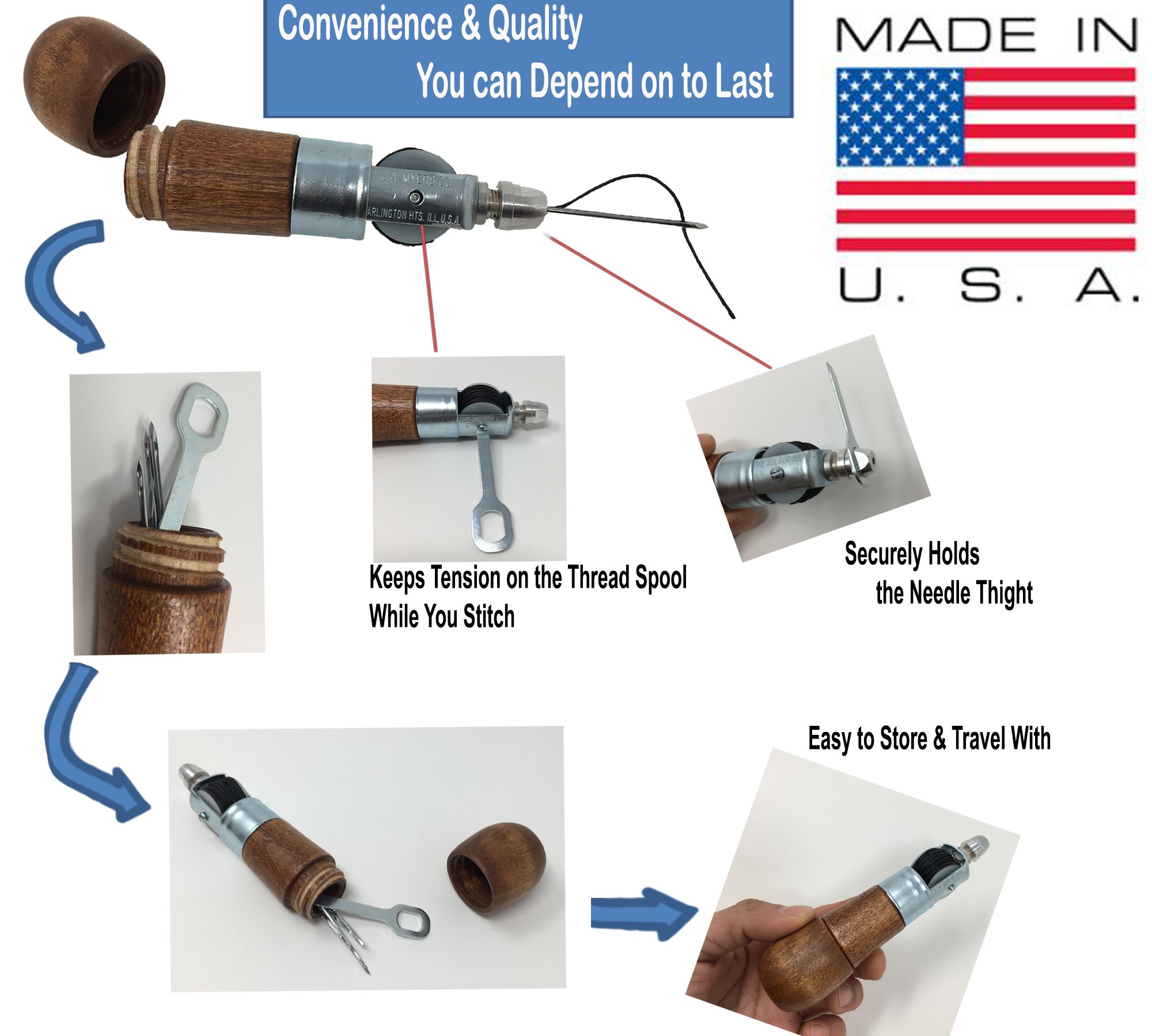 Repair Stitch Tool | Sewing Awl for Bounce Houses, Inflatables, Leather, Thick Fabric, Shoes, Bags, Belt, Upholstery Repair Kit & Crafts Leather, Tarp Stitching – Made in USA. Professional Heavy Duty