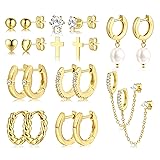 14K Small Gold Plated Hoop Studs Earrings for Women