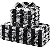 homing Buffalo Plaid Kitchen Towels and Dishcloths Set, 12" x 12" and 13" x 28", Set of 8 Bulk Cotton Waffle Weave Dish Towels, Super Soft Absorbent Hand Towels for Kitchen, Black & White