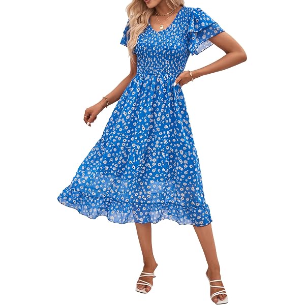 Women's Summer Empire Elastic Waist Boho Floral Midi Dress Casual Bohemian  Short Sleeve V-Neck Knee Length Dresses at Amazon Women's Clothing store