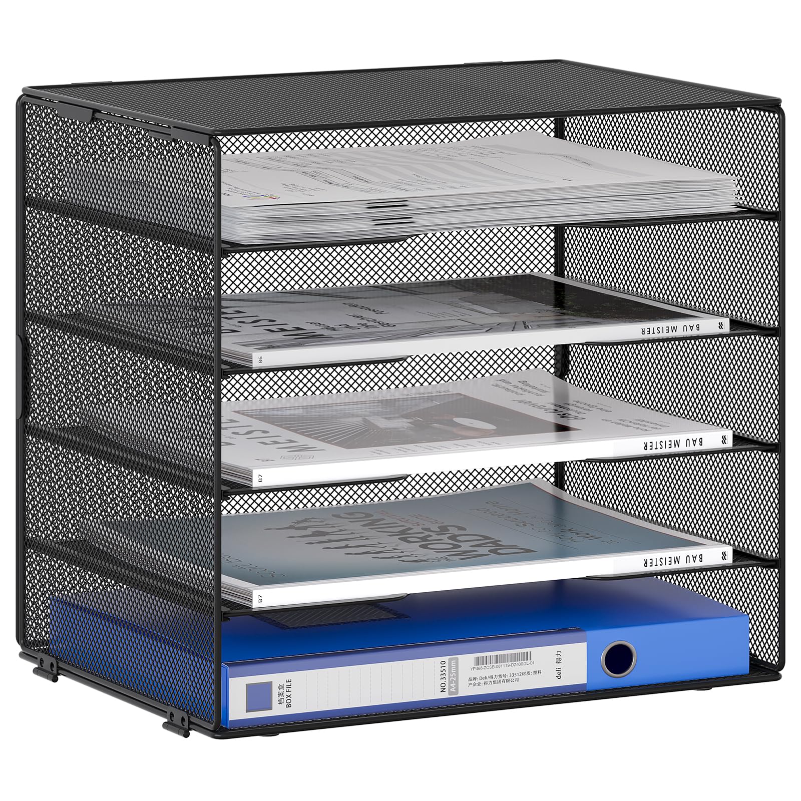 EasyPAG 5 Tier Metal Mesh A4 Desk Tray,File Holder,Paper Organiser,Magazine Storage,Filing Rack for Office & Home Desktop Tidy,Black