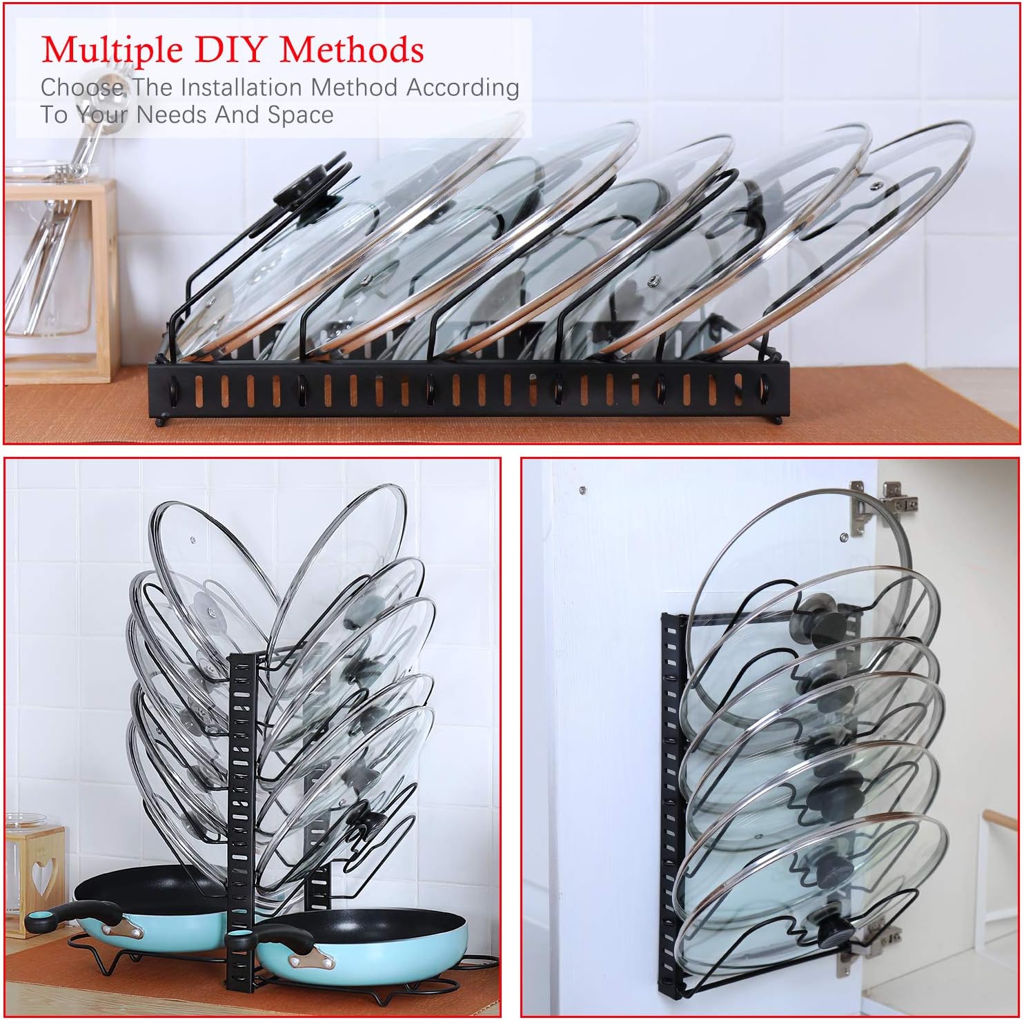 X-cosrack Pot Lid Organizer Holder Rack for Kitchen Cabinet Door Wall Mount with 12 Dividers Adjustable Heights,4 Methods,Black,Patent Pending: Home Improvement