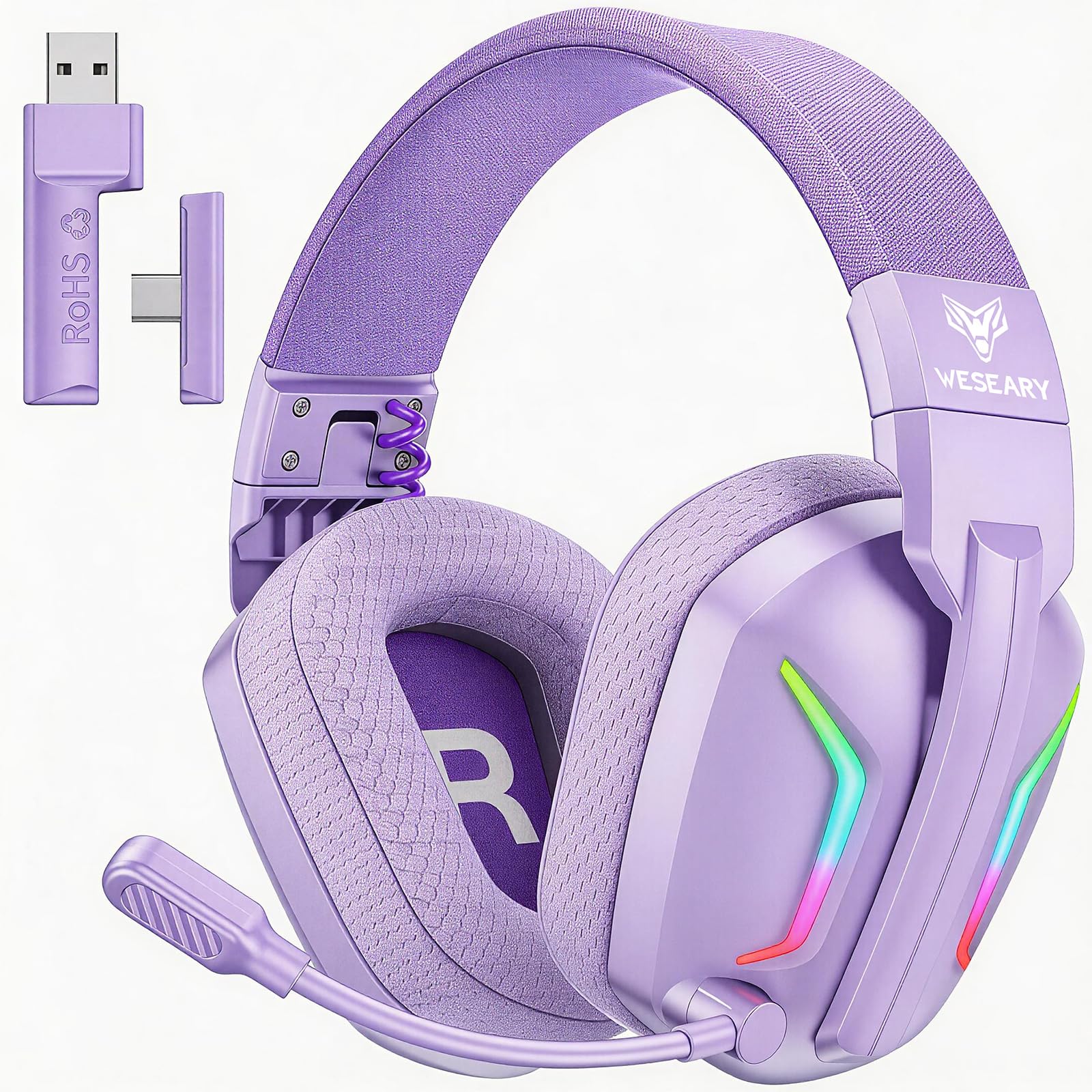 WESEARY Wireless Gaming Headset for PS5, PS4, PC, Laptop, Mac & Switch, Dual Low-Latency 2.4GHz USB/Type-C, Bluetooth Gaming Headphones with ENC Mic for Gamecube, 3D Stereo,Colorful Light, 50H Power