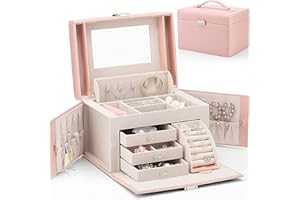 Vlando Jewelry Box Organizer for Girls Women, Large Baroque Jewelry Storage Box with Mirror,Drawers for Bracelets, Earrings, 
