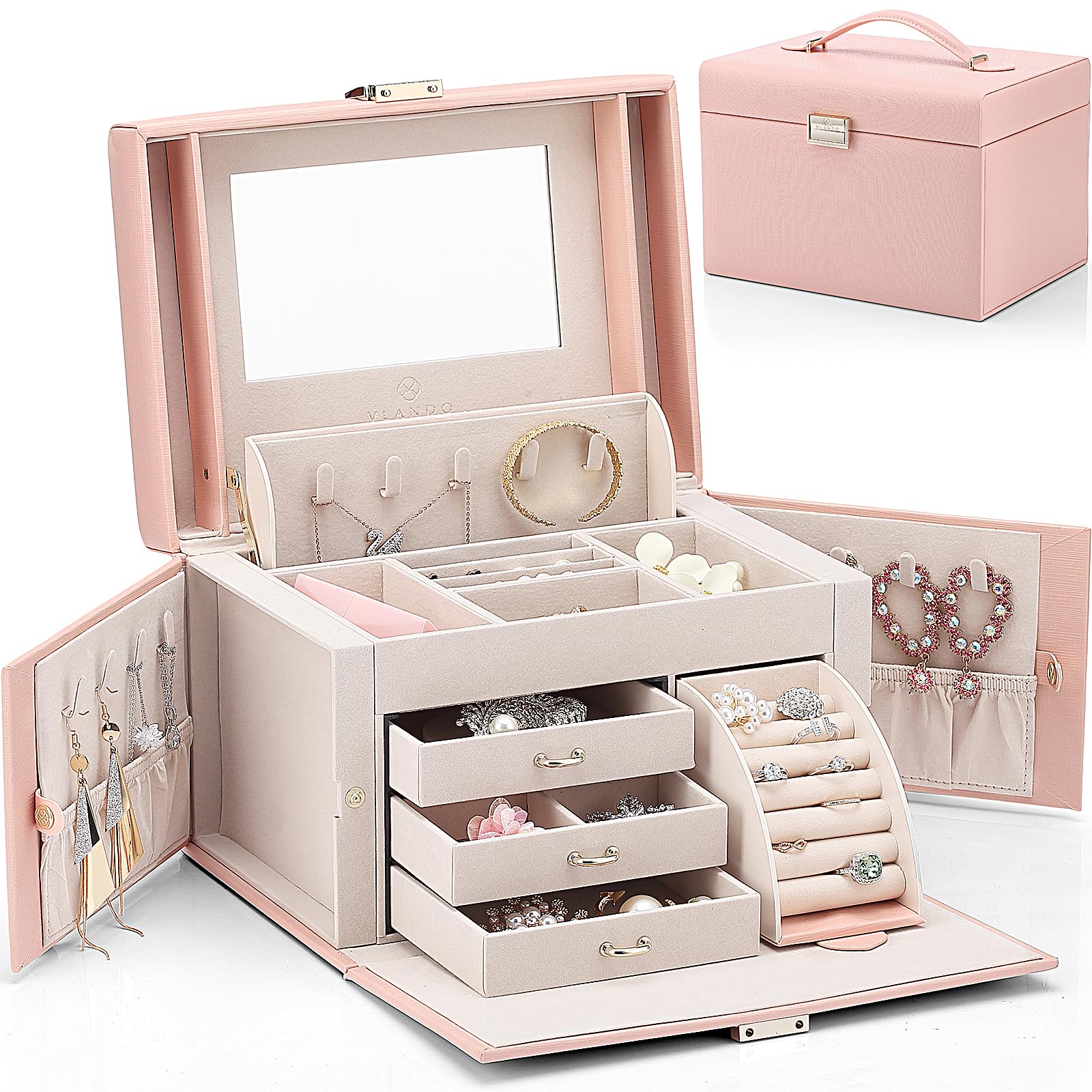 Vlando Large Jewellery Box for Women, High-End PU Leather Mirror Jewellery Boxes with 3 Drawers Jewelry Storage, Earrings, Rings, Necklaces, Bracelets, Brooches, Watches Organiser