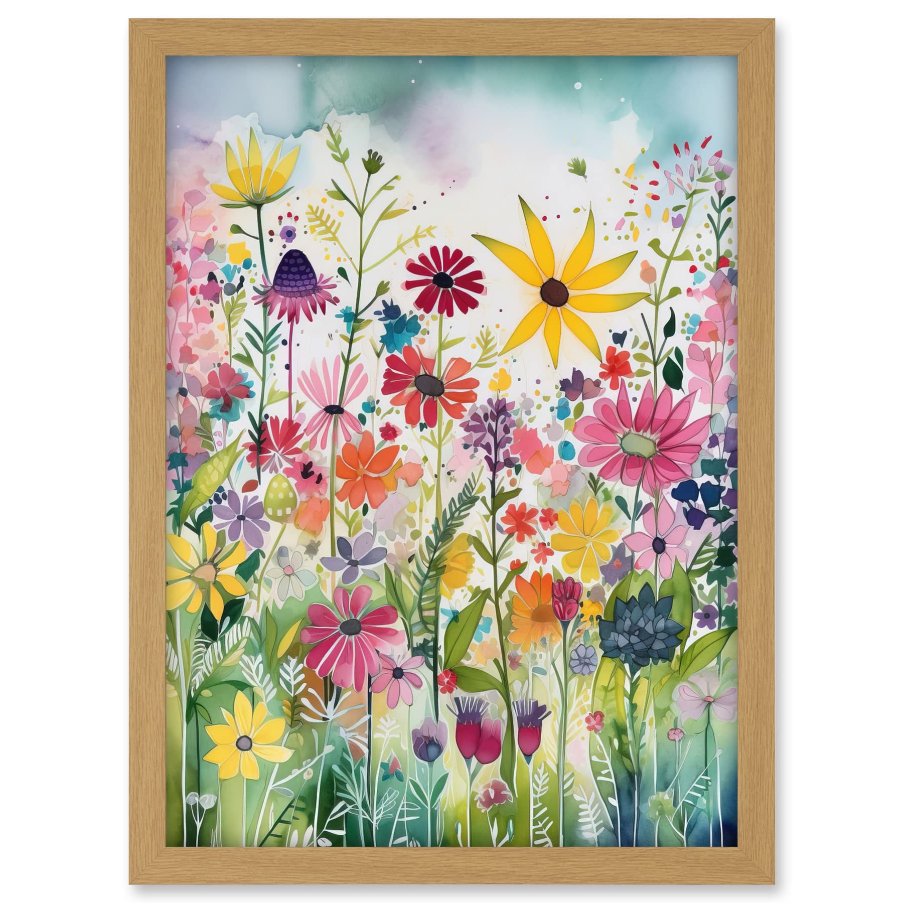 Artery8 Bright Wildflower Floral Blooms Folk Art Artwork Framed A3 Wall Art Print