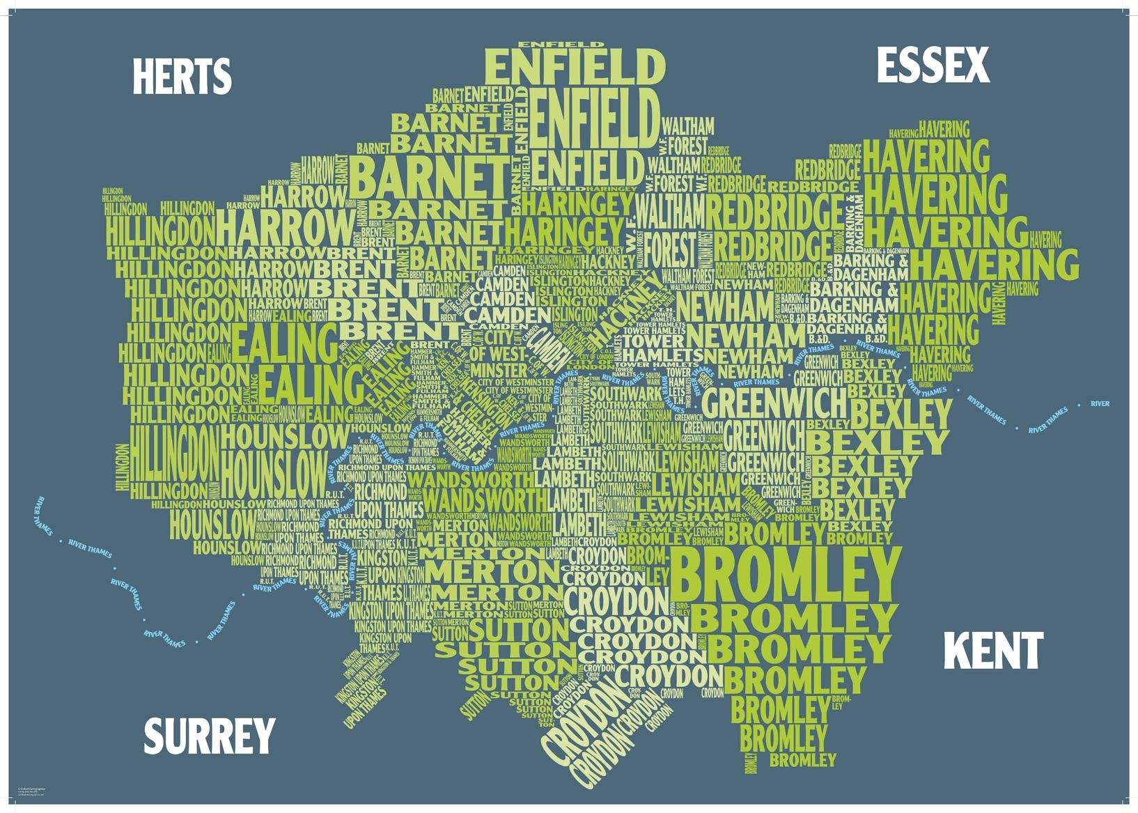 Graphic Map London - boroughs, green background - 33.25" x 23.5" Laminated