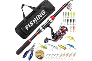 I00000 Fishing Rod and Reel Combos with Fiberglass Telescopic Fishing Pole - Spinning Reel Fishing Carrier Bag, Freshwater and Saltwater Fishing Rod Kit,Travel Fishing Kit for Bass Trout