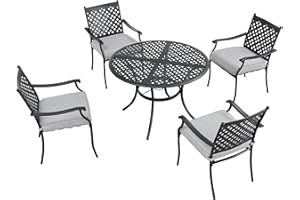 LOKATSE HOME 5 Piece Outdoor Patio Metal Dining Set with 4 Outdoor Iron Arm Dining Chairs with Seat Cushions and 1 Outdoor Dining Table with Umbrella Hole-Grey