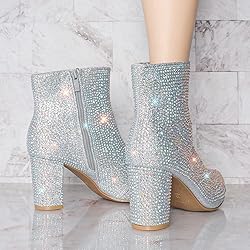 Women Rhinestone Block Chunky Heel Ankle Bootie