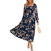 Simplee Womens Long Sleeve Floral Wedding Guest Dress Flowy Tiered Smocked Square Neck Fall Boho Maxi Dresses