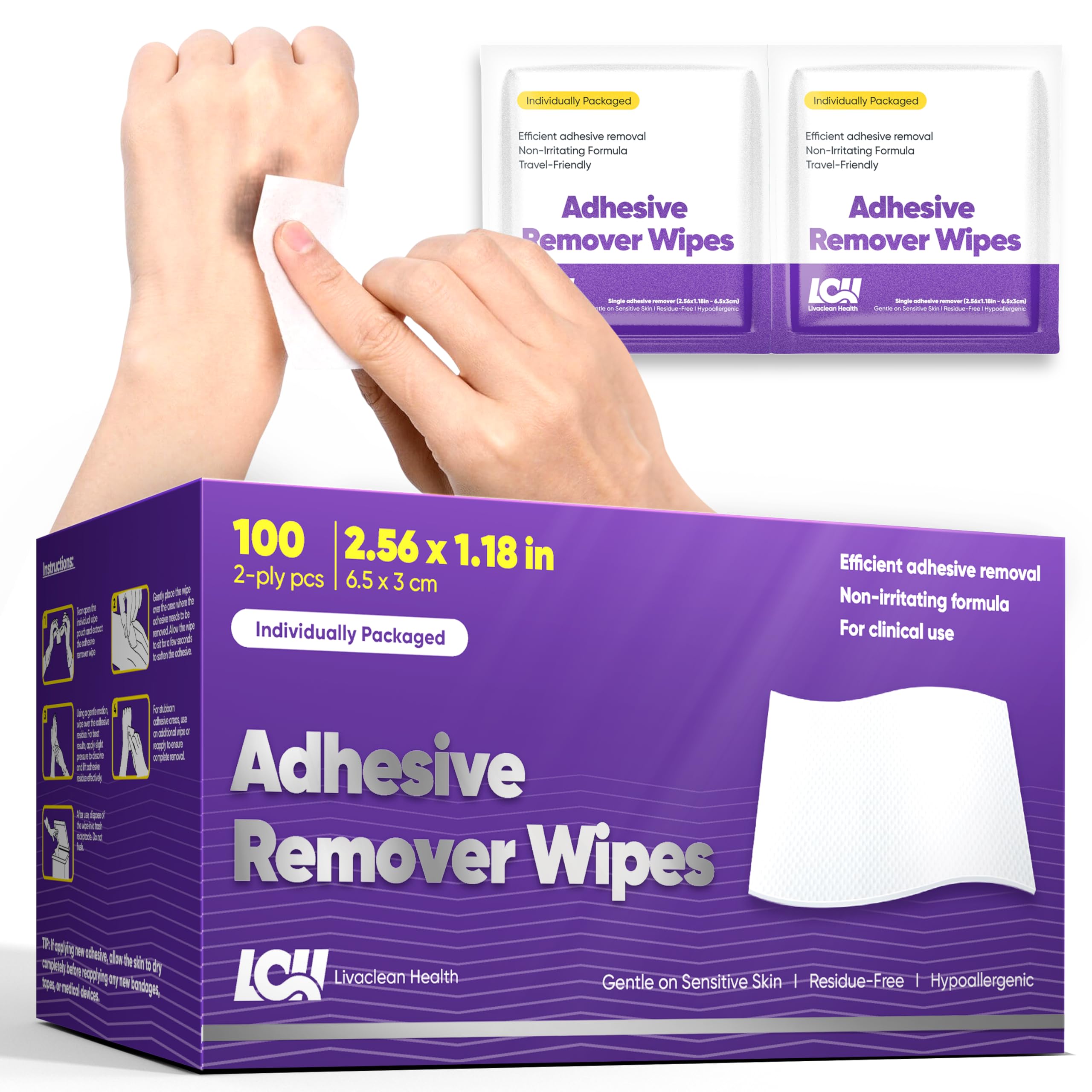Photo 1 of 100 CT Adhesive Remover Wipes – Strong & Effective Skin Adhesive Remover – 2 Ply 2.56x1.18in (6.5x3cm)
