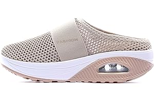 Womens Backless Walking Sneakers Breathable Mesh Air Cushion Slip-on Mule Shoes Open Back Closed Toe with Arch-Support Beige