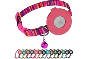 BUDKAS Airtag Cat Collar with Bell - Non Breakaway Soft Pet Collar with Leather Air Tag Holder - Adjustable GPS Anti-Lost Collars for Girl Boy Cats Kitten Puppies, Lightweight and Patterned (Serape Pink)
