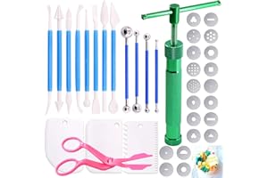 Keadic 37 Pieces Green Clay Fondant Extruder Cake Decorating Supplies Sugar Modeling Tool Set, Clay Extruder Gun with 20 Tips Sugar Extruder Disks & Ball Stylus Dotting Tool