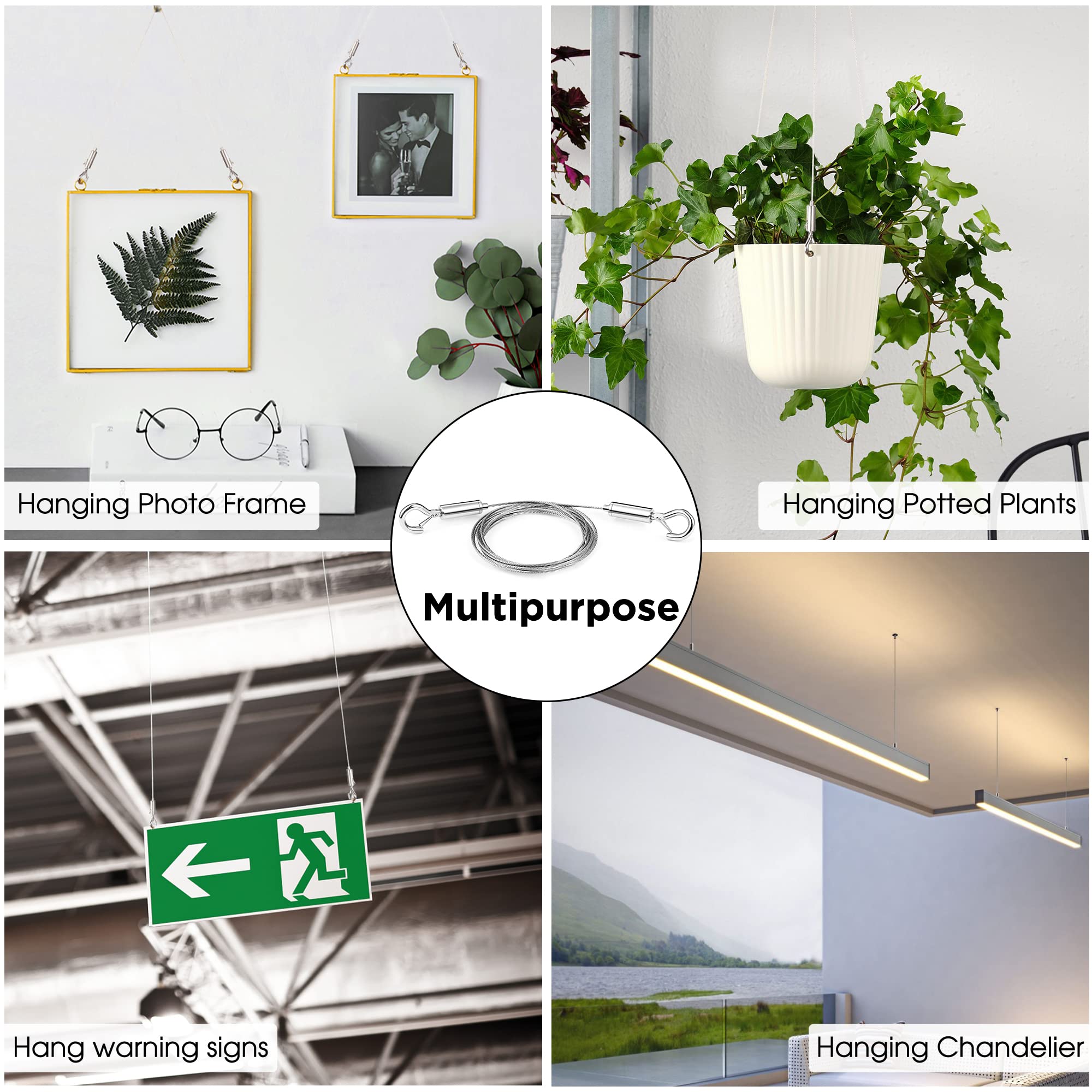 SIDENUO Adjustable Picture Hanging Wire 2PCS Mirror Frame Kit 2m x1.5mm Heavy Duty Stainless Steel Rope for Mirror Hanging Hardware,Light Lamp,Billboards,Basket Flowerpot Hold Up to 20kg