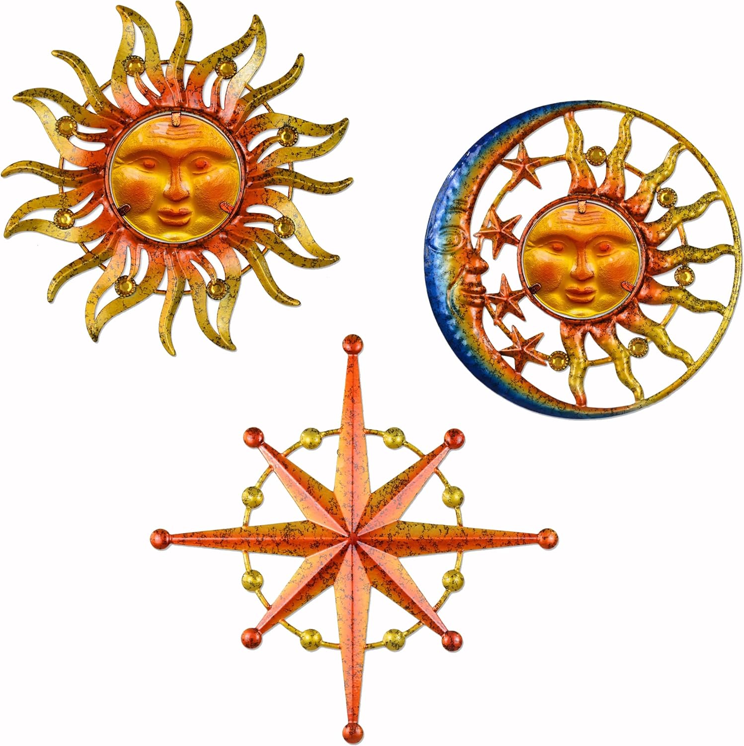 Plaques & Wall Art - NewVees Sun Face Metal Wall Art Décor Outdoor Indoor, Sun Moon Star, Metal Glass Hanging for Garden Sun Face Sculptures & Statues Statues Wall Art for Farmhouse, Patio, Garden Decoration(3 Pack)