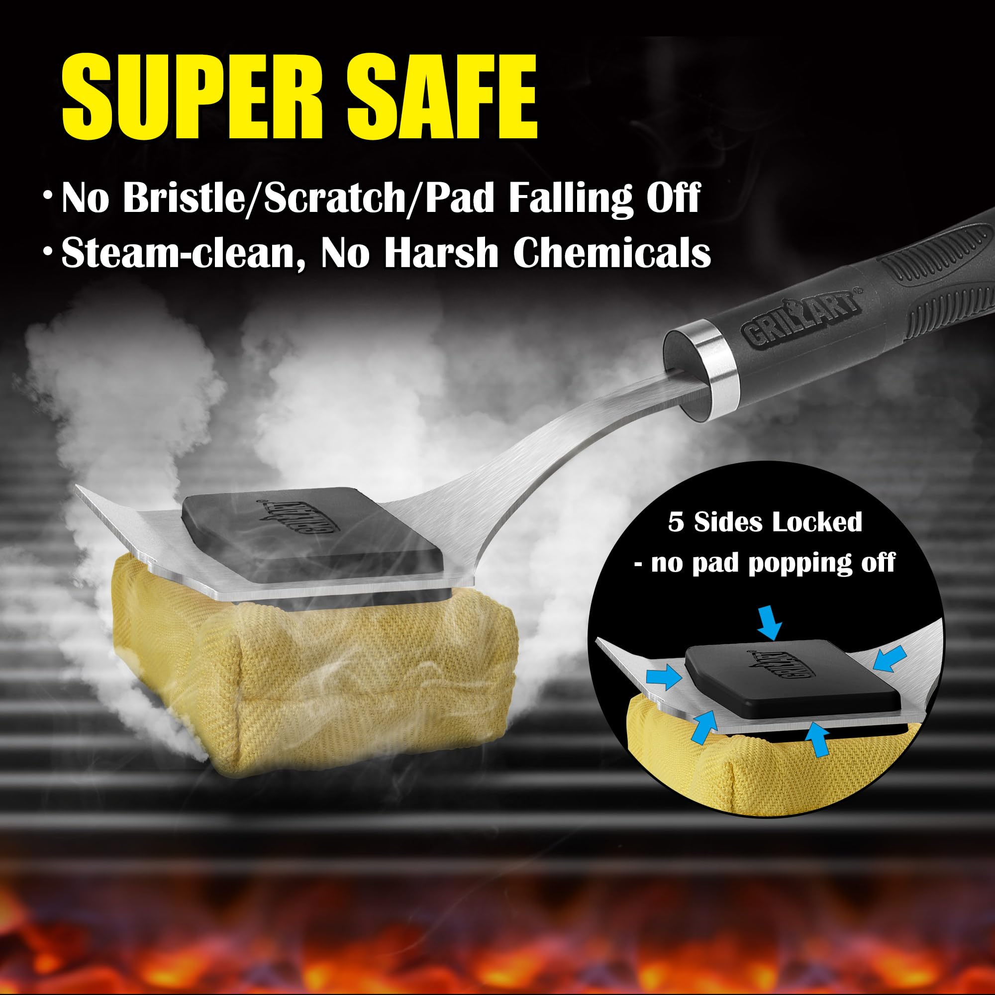 GRILLART Grill Brush for Outdoor Grill Bristle Free - Reinforced Grill Cleaner Scraper BBQ Brush - Replaceable Head Barbecue Grill Cleaning Brush - Safe BBQ Accessories Grill Tools - Gifts for Men/Dad