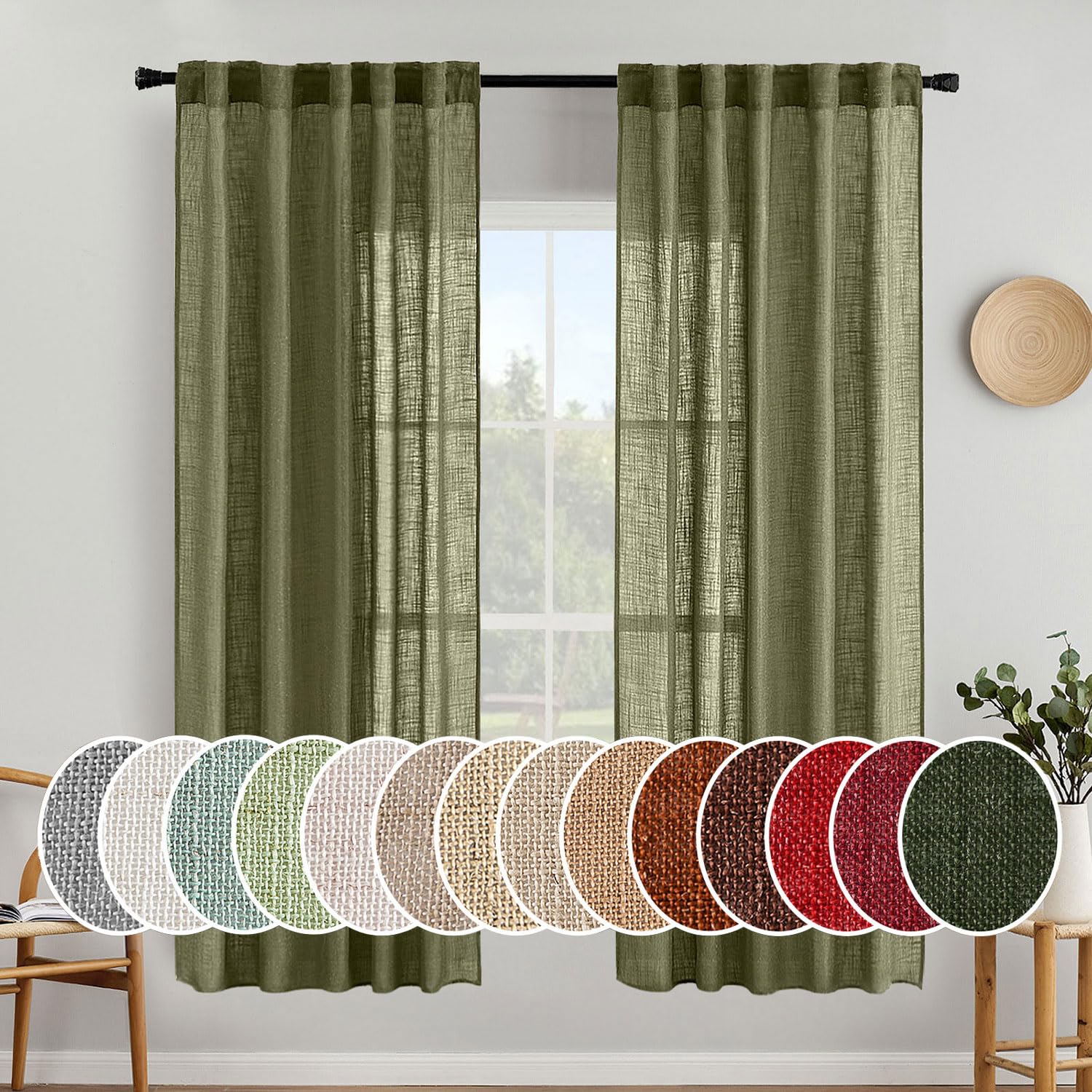 Photo 1 of MIULEE Light Olive Green Linen Curtains 72 Inch Length 2 Panels for Bedroom Living Room, Soft Linen Textured Natural Window Drapes Semi Sheer Light Filtering Back Tab Rod Pocket Burlap Look Decor