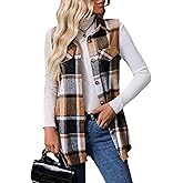 Mansy Womens Fall Flannel Plaid Outerwear Vest Casual Lapels Button Down Shirt Fashion Sleeveless Jacket Cardigan Coat