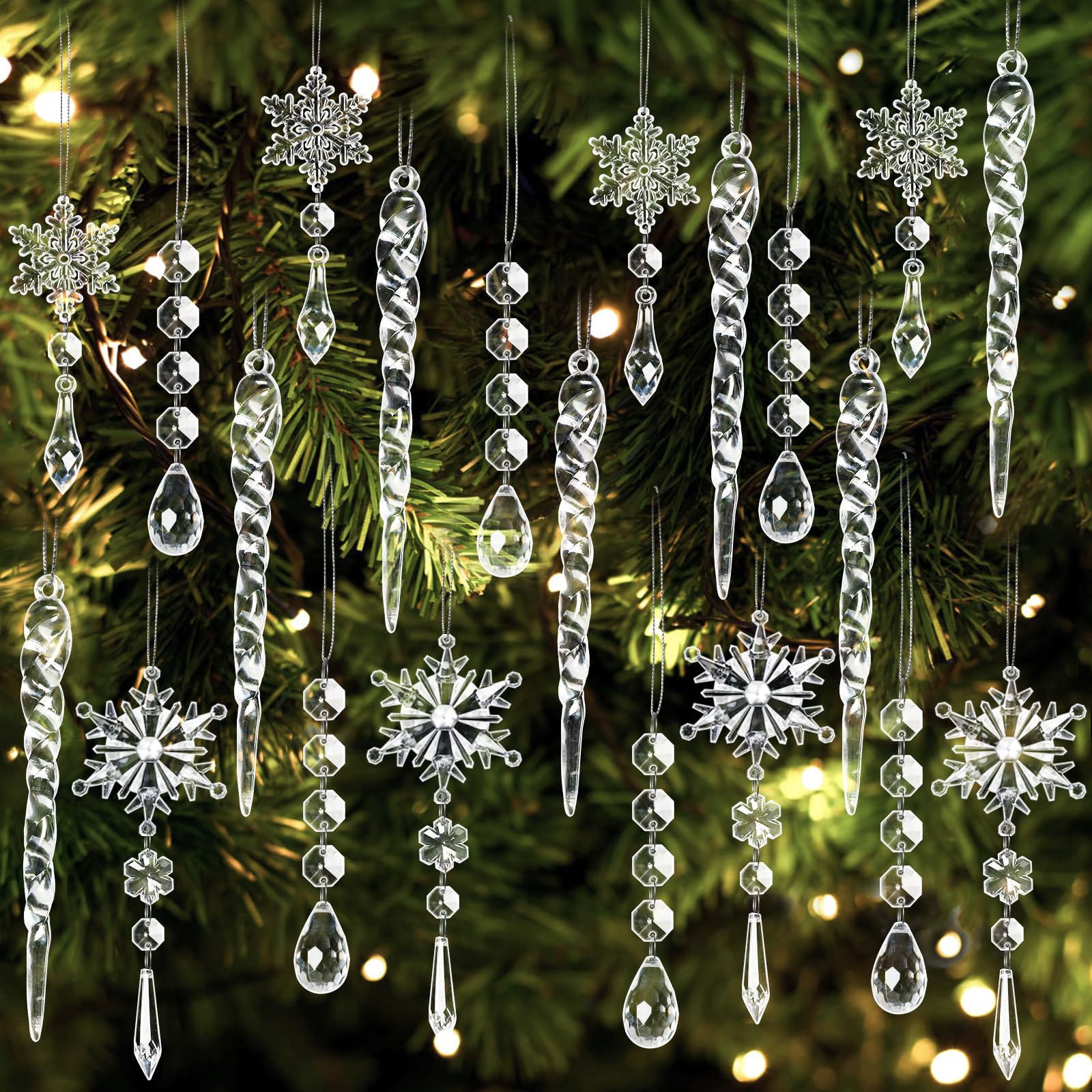 Photo 1 of 20 PCS Christmas Ornaments Set for Tree Decorations- Hanging Acrylic Crystal Snowflake Christmas Decorations Icicle Drop Ornaments for Winter Christmas Tree New Year Party Supplies