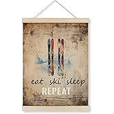 HRQKO Vintage Ski Eat Sleep Repeat Poster Hanger Frame, Ski Decor, Retro Ski Wall Art with Wooden Frames, Rustic Ski Sleighs Wall Hanging Banner Decor for Cabin Farmhouse Living Room, 12x16 Inch