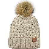 C.C Beanie Women’s Thick Cable Knit Faux Fuzzy Fur Pom Lattice Crossover Fuzzy Lined Skull Cap Cuff Beanie