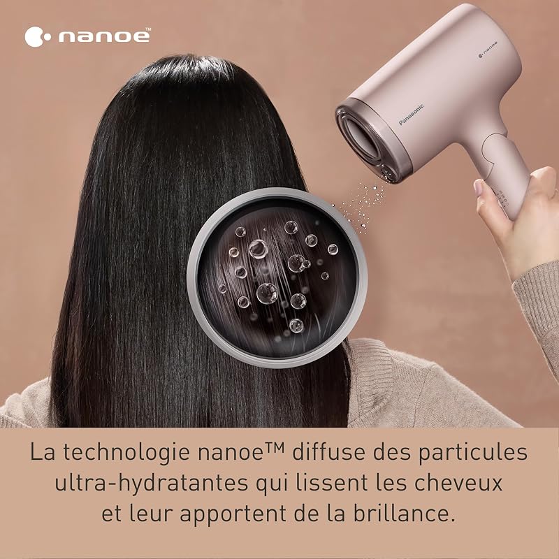 EH-NA7M-P825 Sèche-Cheveux Nanoe pour des Cheveux Brillants, Design Pliable, Séchage Rapide, Accessoire Concentrateur, 1600W, Rose Clair