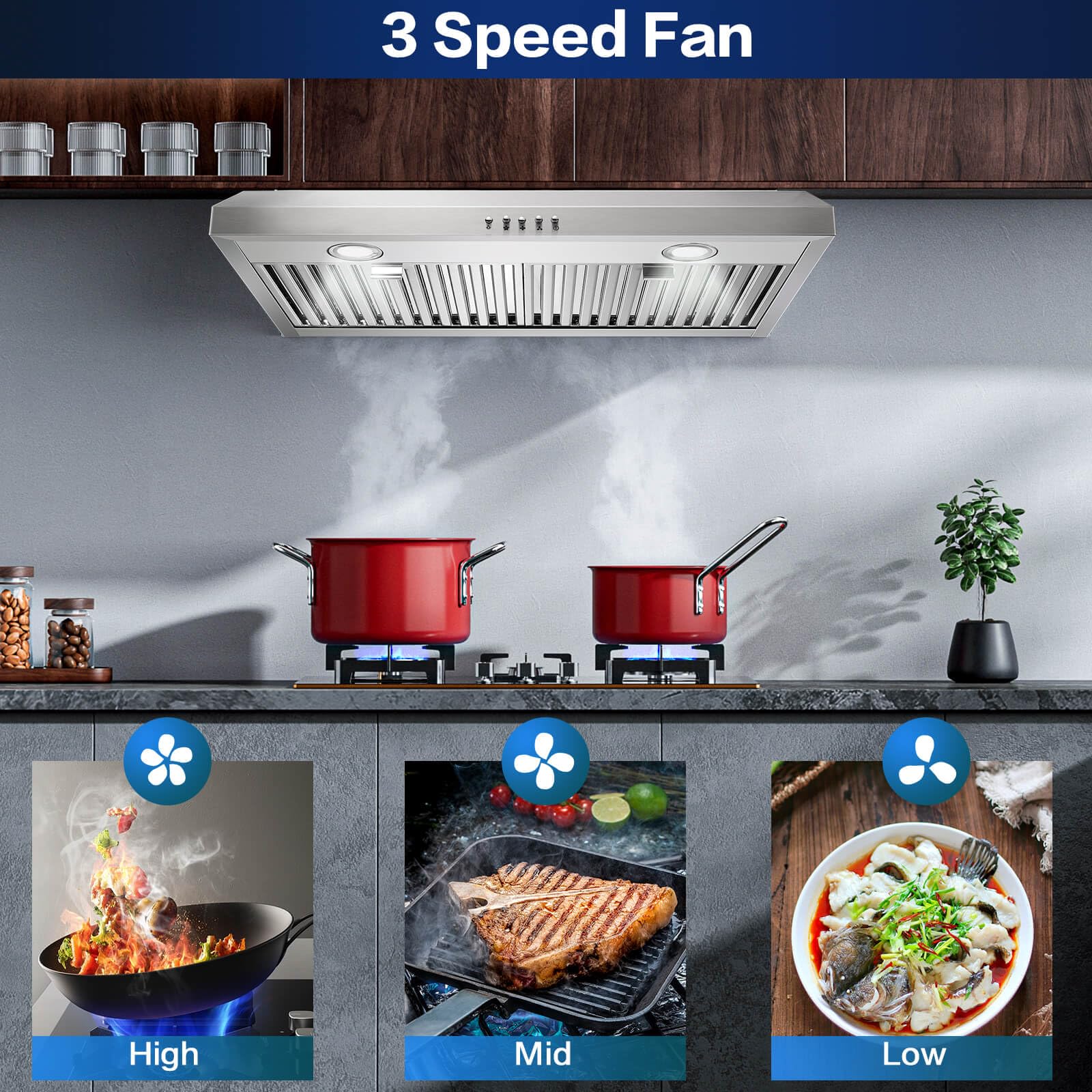 SNDOAS Range Hood 30 inch Under Cabinet,Stainless Steel Ducted/Ductless Range Hood 30 inch,3 Venting Ways Stove Hood,700 CFM Kitchen Vent Hood with 3 Speed Exhaust Fan,Push Button Control