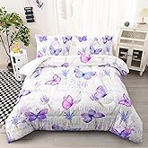 XYNHML Butterfly Comforter Set Twin Size for Girls Kids Adults Lavender Flowers Pattern Bedding Set Aesthetics Butterflies Quilt Bed Set with 1 Comforter and 2 Pillowcases
