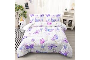 XYNHML Butterfly Comforter Set Twin Size for Girls Kids Adults Lavender Flowers Pattern Bedding Set Aesthetics Butterflies Quilt Bed Set with 1 Comforter and 2 Pillowcases