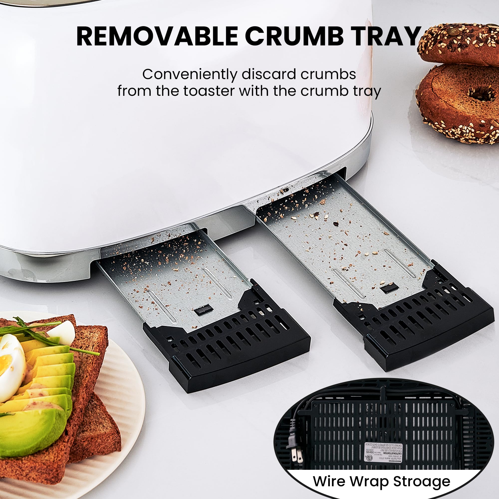 Roter Mond Tostadora Retro de 4 Rebanadas de Acero Inoxidable con Función de Cancelación de Descongelación de Bagel, 6 Configuraciones de Dorado, Ranura Extra Ancha y Bandeja Recogedor de Migas Extraíble, Blanco, ST033