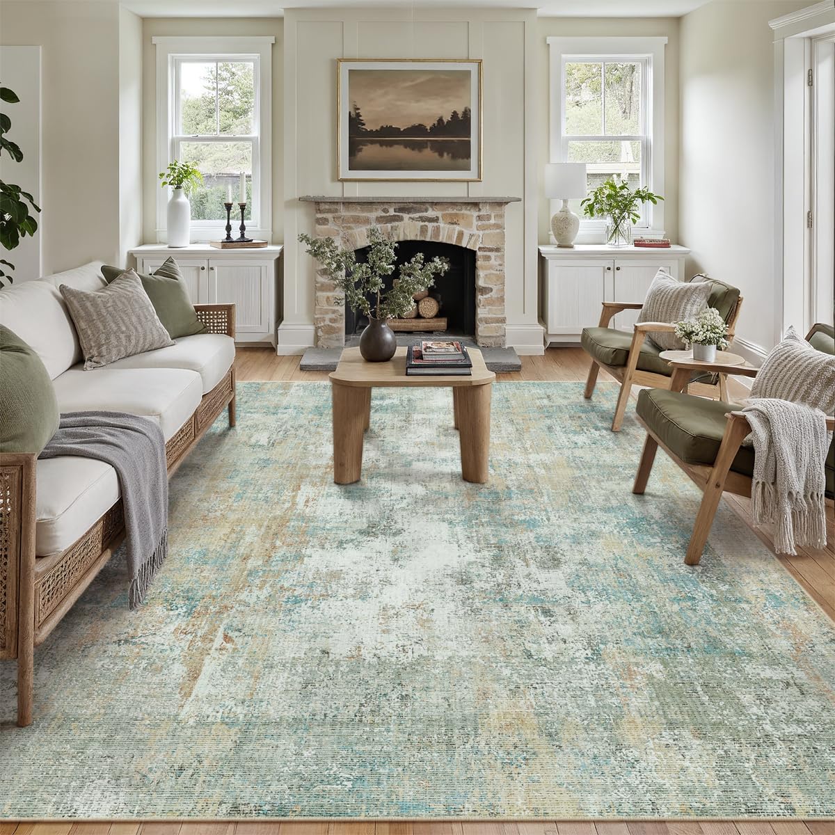 Photo 1 of WondRg 8x10 Washable Area Rug Teal Beige Abstract Non Slip Soft Low Pile Rug for Living Room Bedroom Dining Room Office Neutral Modern Indoor Throw Carpet for Home Decor