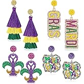 Quelay 4 Pairs Mardi Gras Earrings Beaded Mask Letter Tassel Mardi Gras Dangle Earrings Bohemian Drop Outfit Accessories for Women Carnival Cosplay Holiday Party Jewelry Gifts
