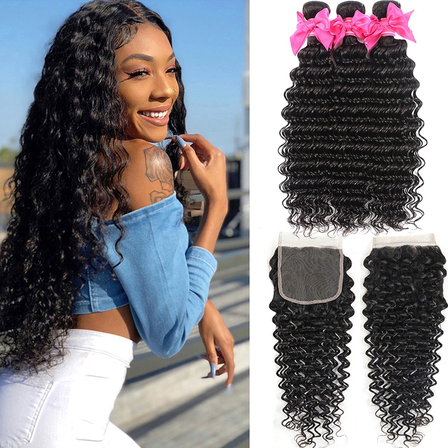 Brazilian Deep Wave Curly Virgin Human Hair Bundles with 4X4 Free Part Lace Closure Unprocessed Human Hair Extensions Natural Black (14 16 18+12,lace closure)