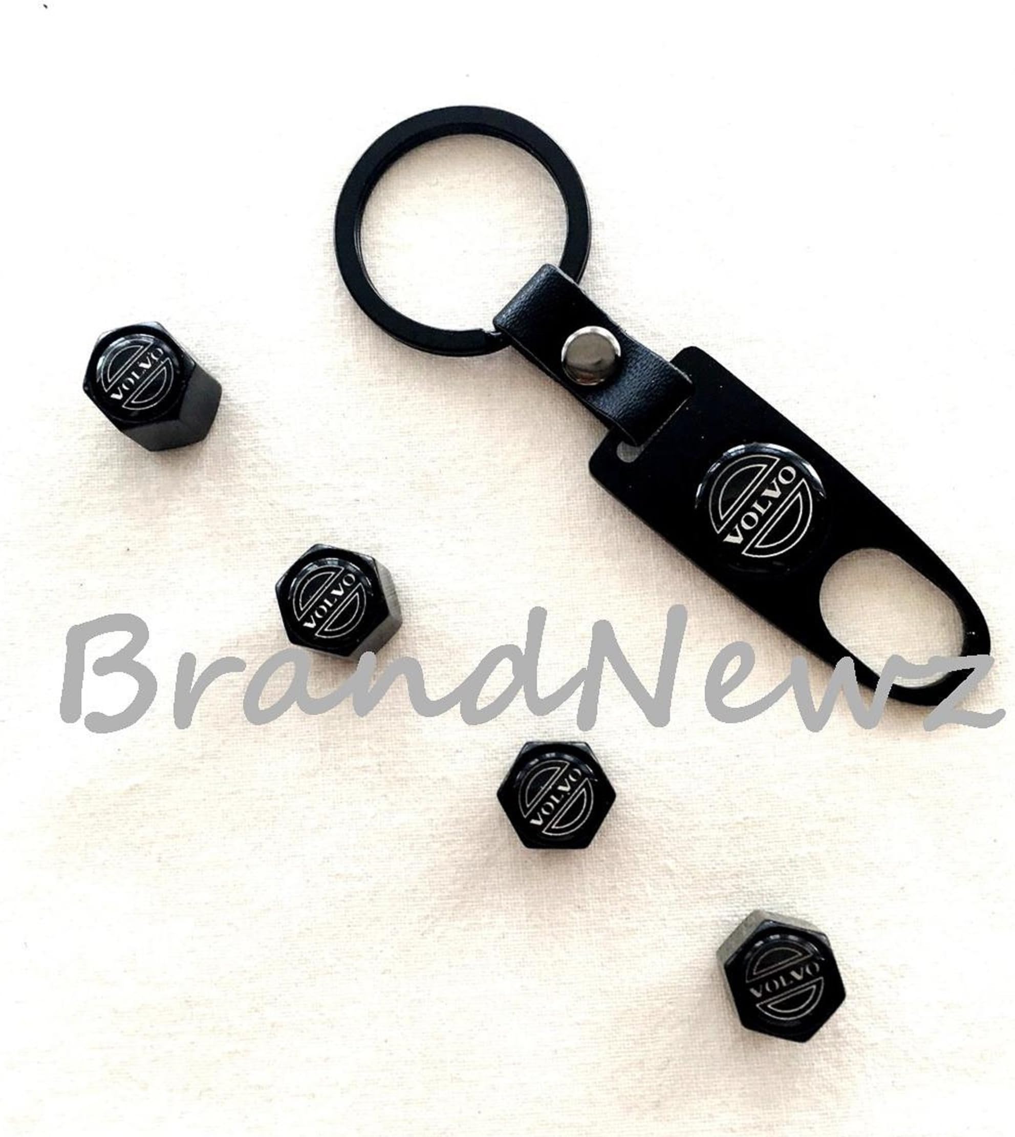 INDEPENDENT MANUFACTURE COMPATIBLE WITH VOLVO BLACK ALLOY CAR WHEEL TYRE VALVE DUST CAPS COVERS SPANNER KEYRING - SET OF 4
